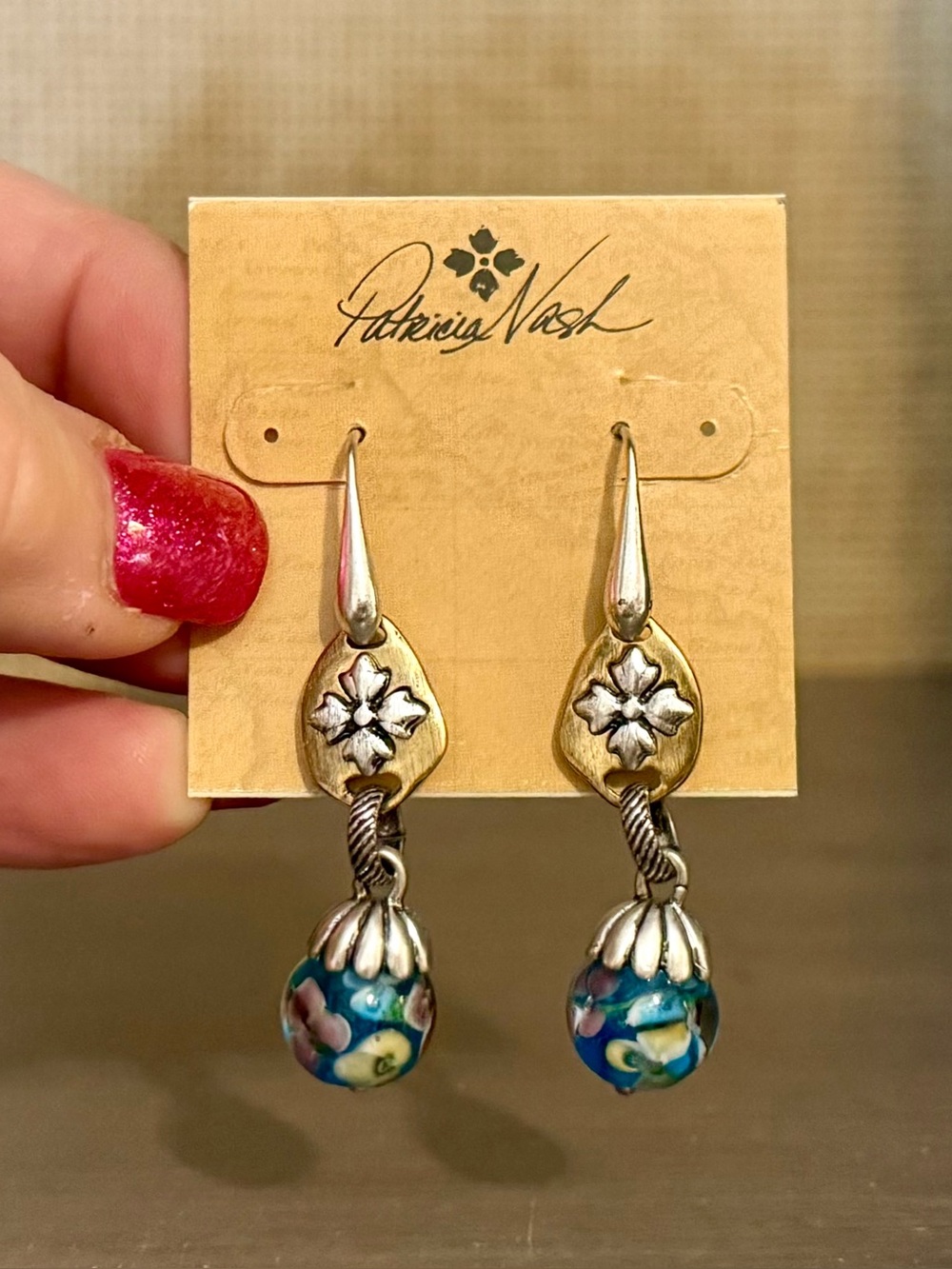 Patricia Nash Gold-tone Floral Lampwork Dangle Logo Fishhook Earrings